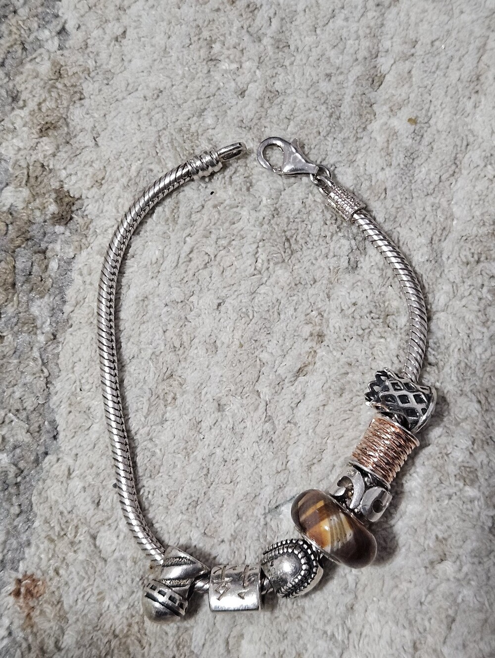 Chamilia Sterling-Style Silver Charm Bracelet with Brown Glass Bead